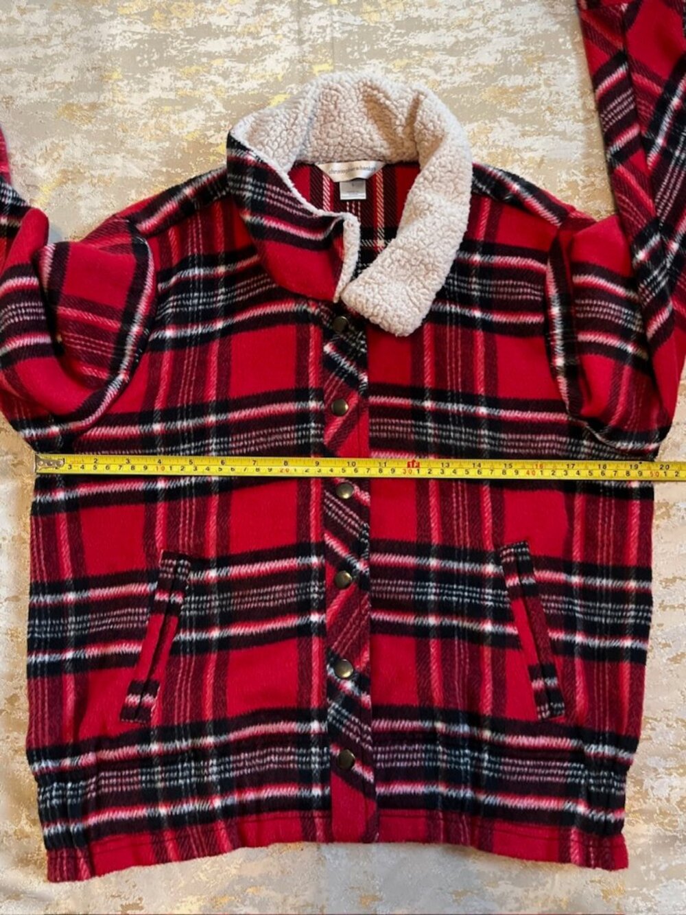 Christopher & Banks Fleece Jacket Womans Small Red Black Plaid Faux Fur Collar - Picture 11 of 15